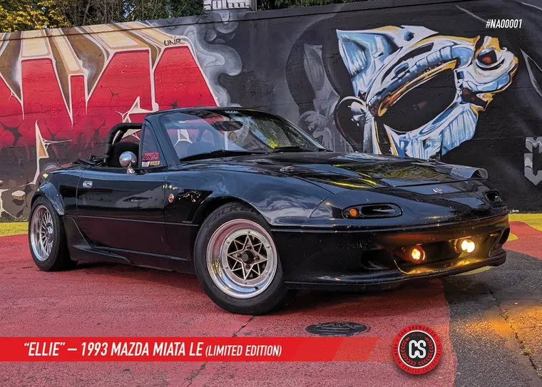 Hero panel: a black 1993 Mazda Miata LE photographed in front of a graffiti wall, captioned "Ellie".