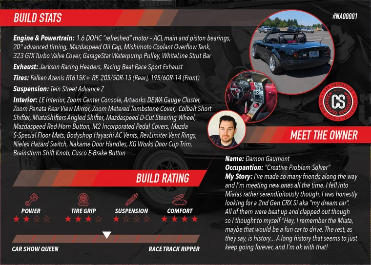 Data panel: build stats, a build rating, and a Meet the Owner section with the owner's photograph and story.